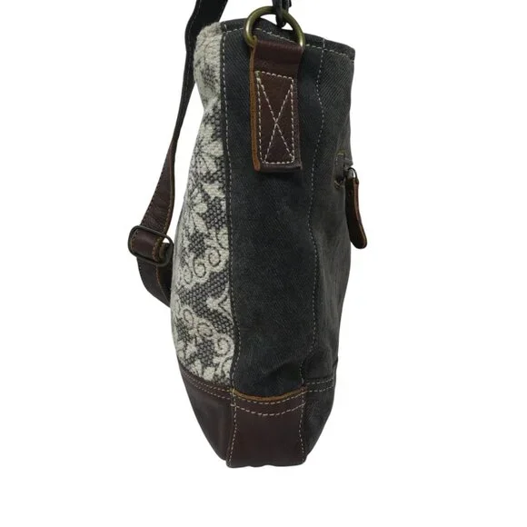 Myra Bag Brown Gray Cotton Leather Mandala Crossbody Shoulder Bag Purse - Picture 5 of 12